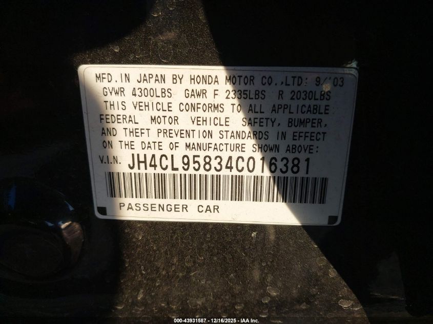 2004 Acura Tsx VIN: JH4CL95834C016381 Lot: 43931587