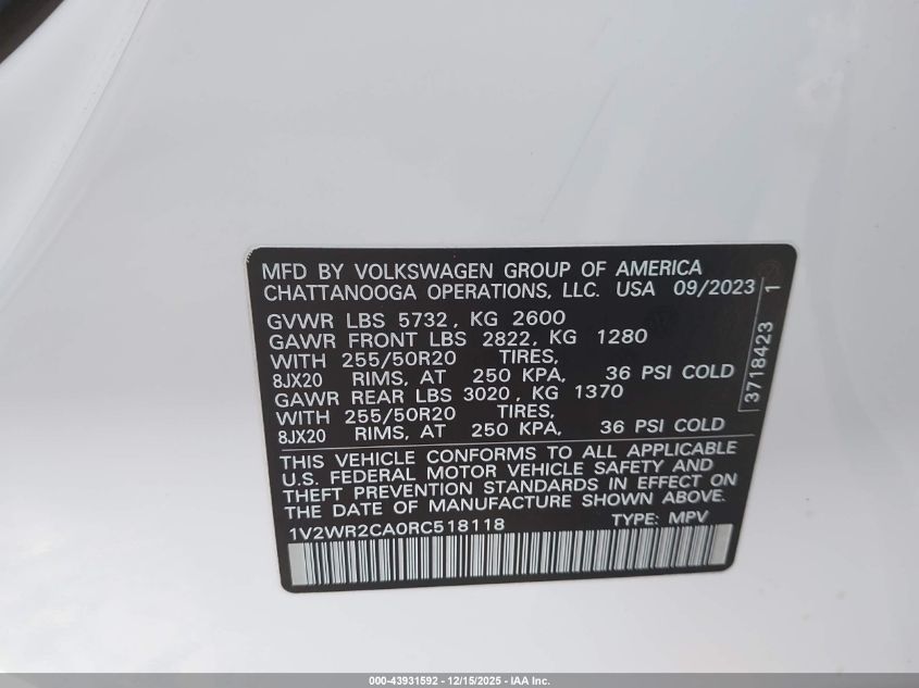 2024 Volkswagen Atlas 2.0T Se W/Technology VIN: 1V2WR2CA0RC518118 Lot: 43931592