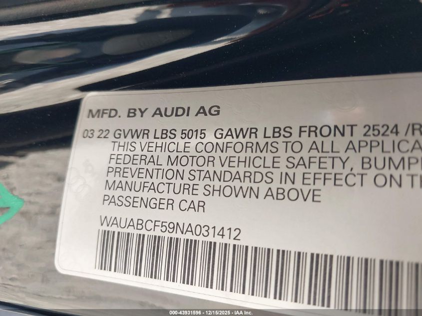 2022 Audi A5 Sportback Premium 40 Tfsi Quattro S Tronic VIN: WAUABCF59NA031412 Lot: 43931596