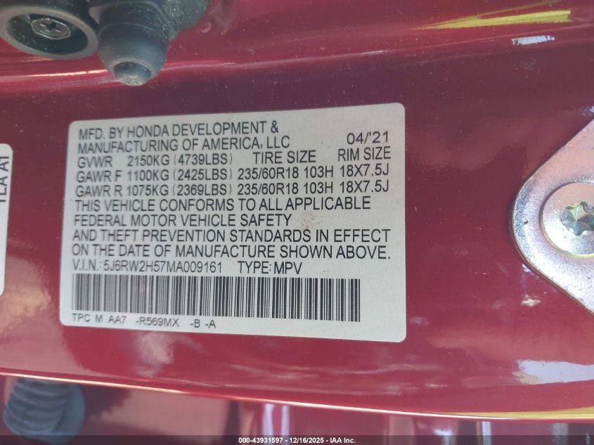 2021 Honda Cr-V Awd Ex VIN: 5J6RW2H57MA009161 Lot: 43931597