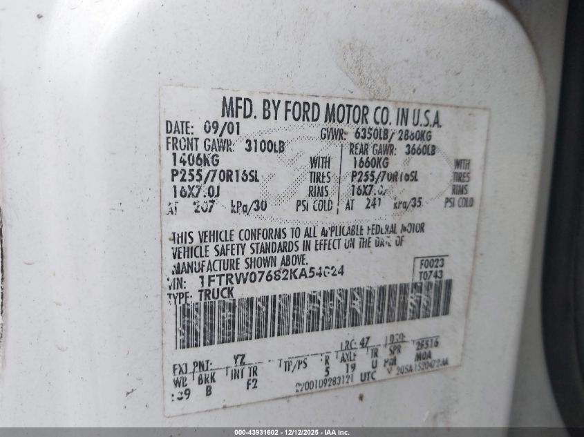 2002 Ford F-150 Lariat/Xlt VIN: 1FTRW07682KA54024 Lot: 43931602