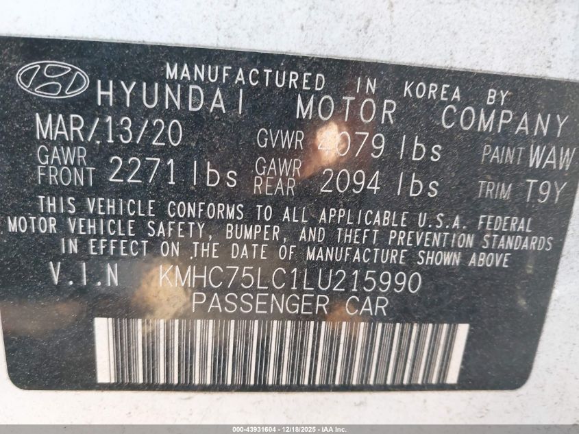2020 Hyundai Ioniq Hybrid Se VIN: KMHC75LC1LU215990 Lot: 43931604