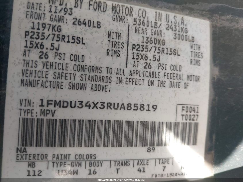 1994 Ford Explorer VIN: 1FMDU34X3RUA85819 Lot: 43931609