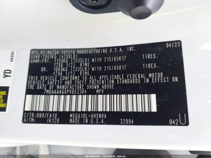 2023 Toyota Corolla Cross L VIN: 7MUAAAAGXPV053384 Lot: 43931611