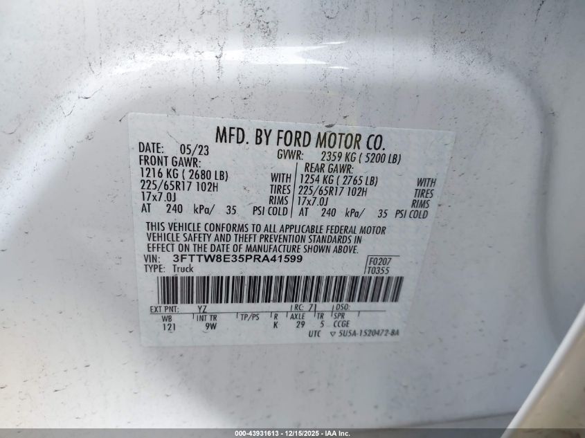 2023 Ford Maverick Xl VIN: 3FTTW8E35PRA41599 Lot: 43931613