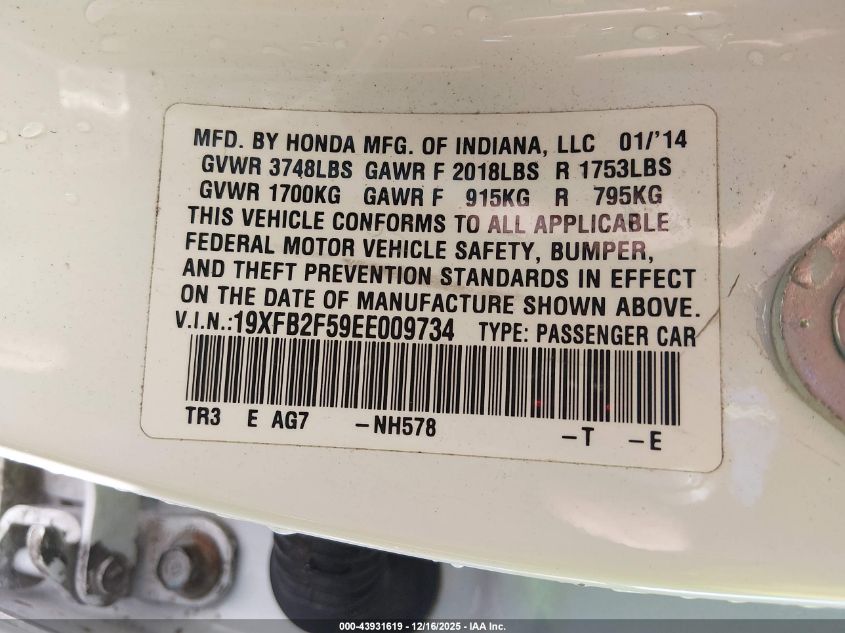 2014 Honda Civic Lx VIN: 19XFB2F59EE009734 Lot: 43931619