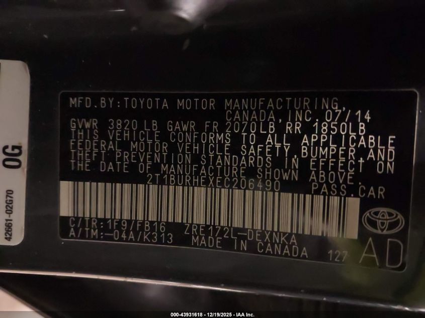 2014 Toyota Corolla Le VIN: 2T1BURHEXEC206490 Lot: 43931618