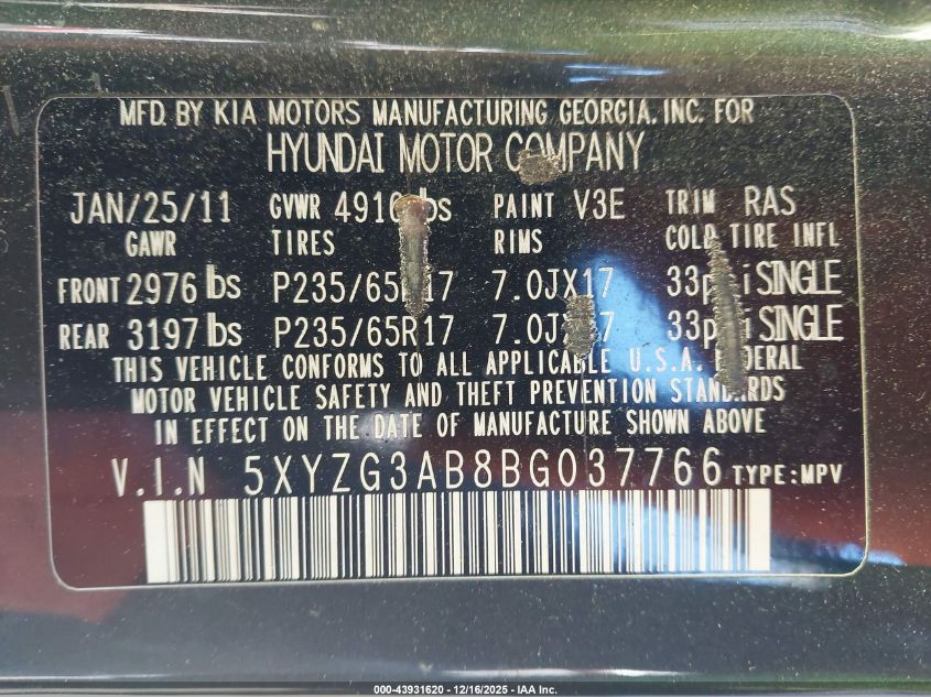 2011 Hyundai Santa Fe Gls VIN: 5XYZG3AB8BG037766 Lot: 43931620