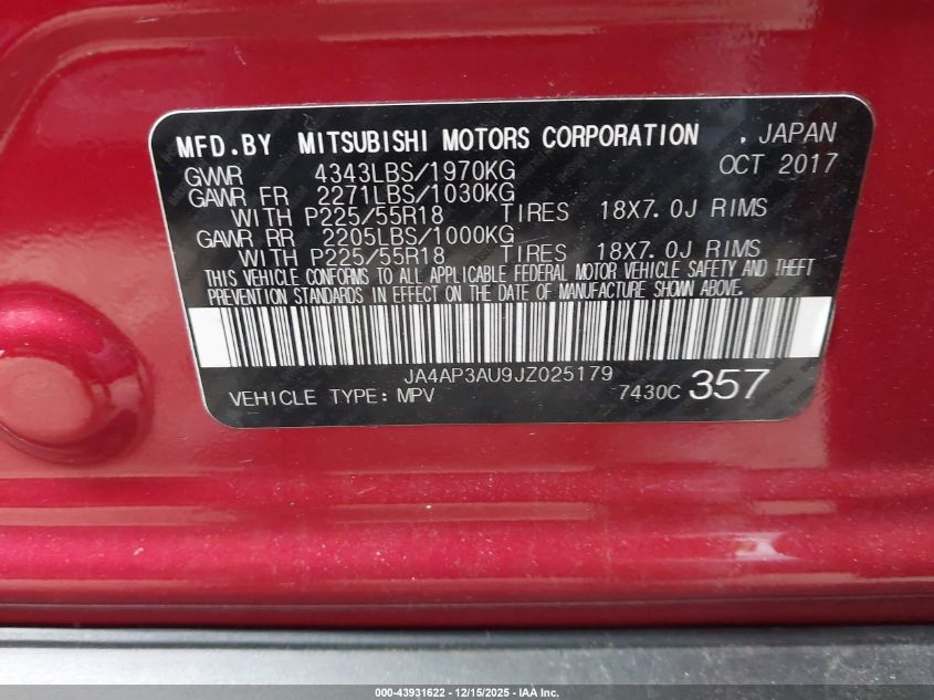 2018 Mitsubishi Outlander Sport 2.0 Le VIN: JA4AP3AU9JZ025179 Lot: 43931622