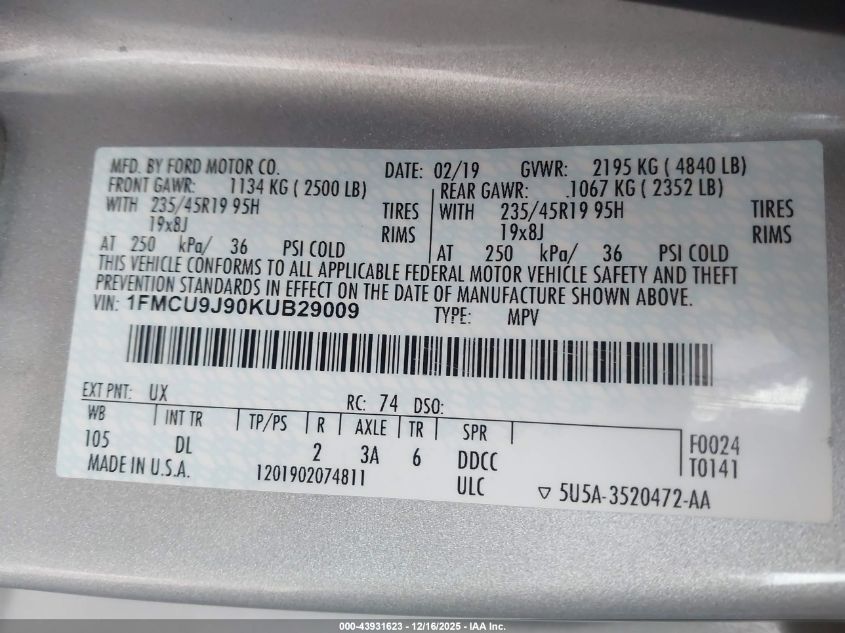 2019 Ford Escape Titanium VIN: 1FMCU9J90KUB29009 Lot: 43931623