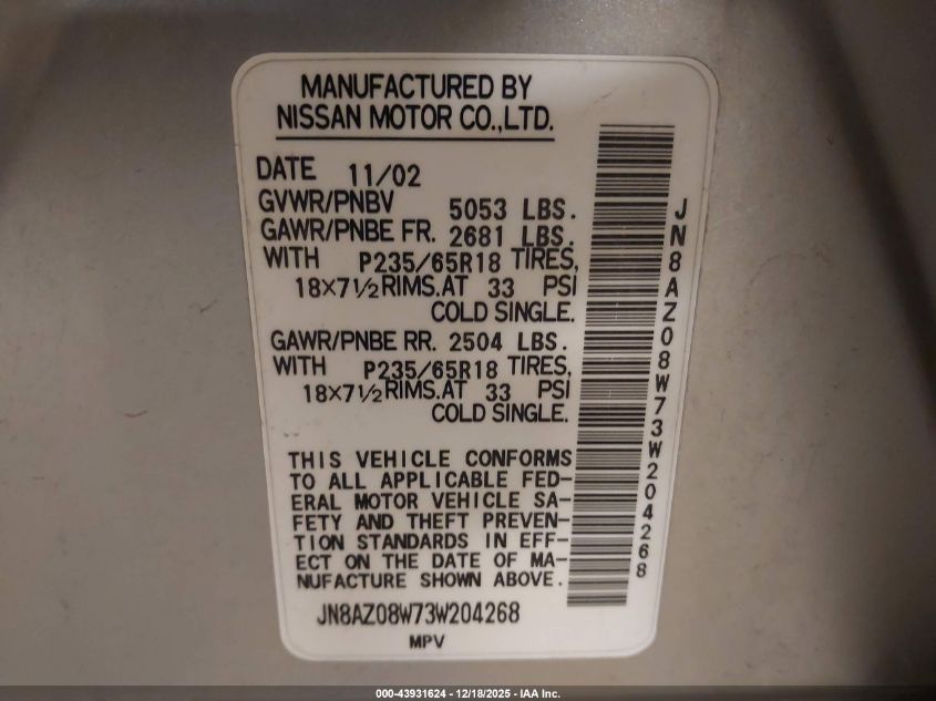 2003 Nissan Murano Sl VIN: JN8AZ08W73W204268 Lot: 43931624