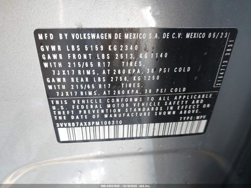 2023 Volkswagen Tiguan 2.0T S VIN: 3VVRB7AX8PM106310 Lot: 43931625