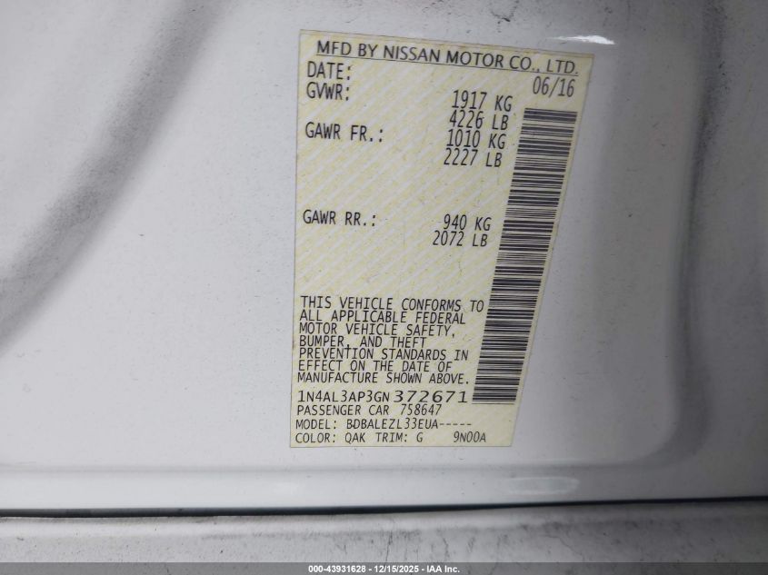 2016 Nissan Altima 2.5/2.5 S/2.5 Sl/2.5 Sr/2.5 Sv VIN: 1N4AL3AP3GN372671 Lot: 43931628