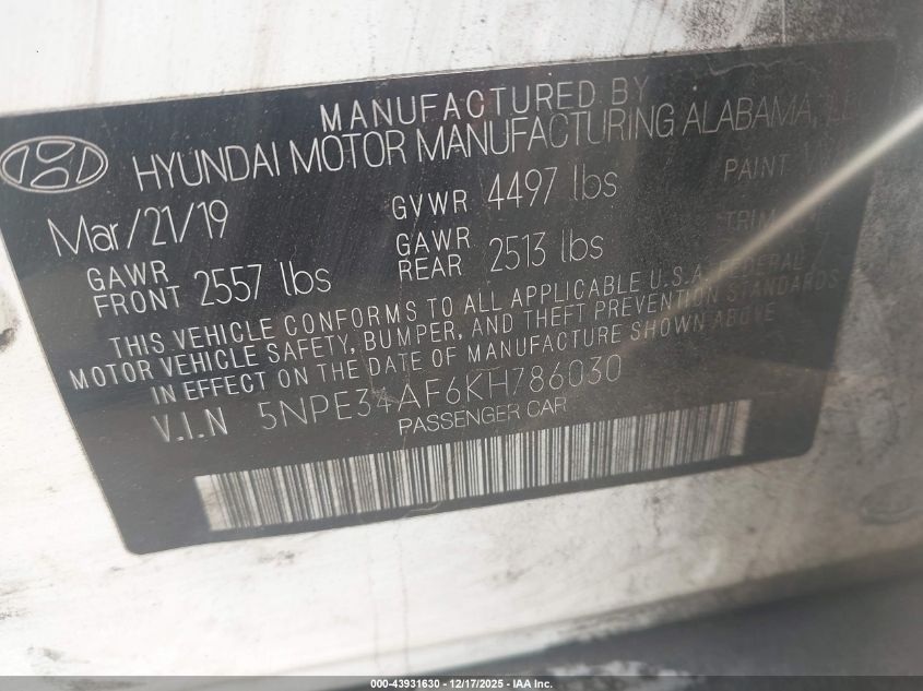 2019 Hyundai Sonata Sport VIN: 5NPE34AF6KH786030 Lot: 43931630
