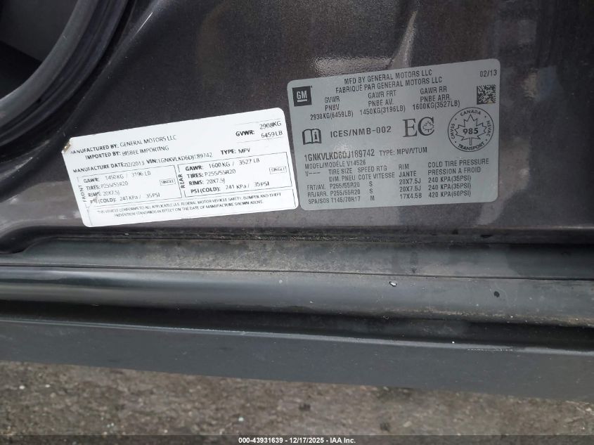 2013 Chevrolet Traverse Ltz VIN: 1GNKVLKD6DJ189742 Lot: 43931639