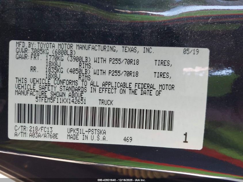 2019 Toyota Tundra Sr5 4.6L V8 VIN: 5TFEM5F11KX142651 Lot: 43931640