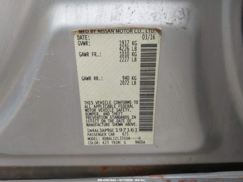 2016 Nissan Altima 2.5 Sv VIN: 1N4AL3AP9GC197161 Lot: 43931642