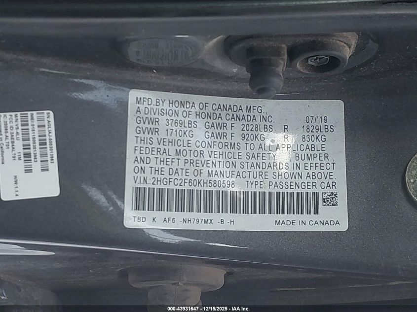 2019 Honda Civic Lx VIN: 2HGFC2F60KH580598 Lot: 43931647