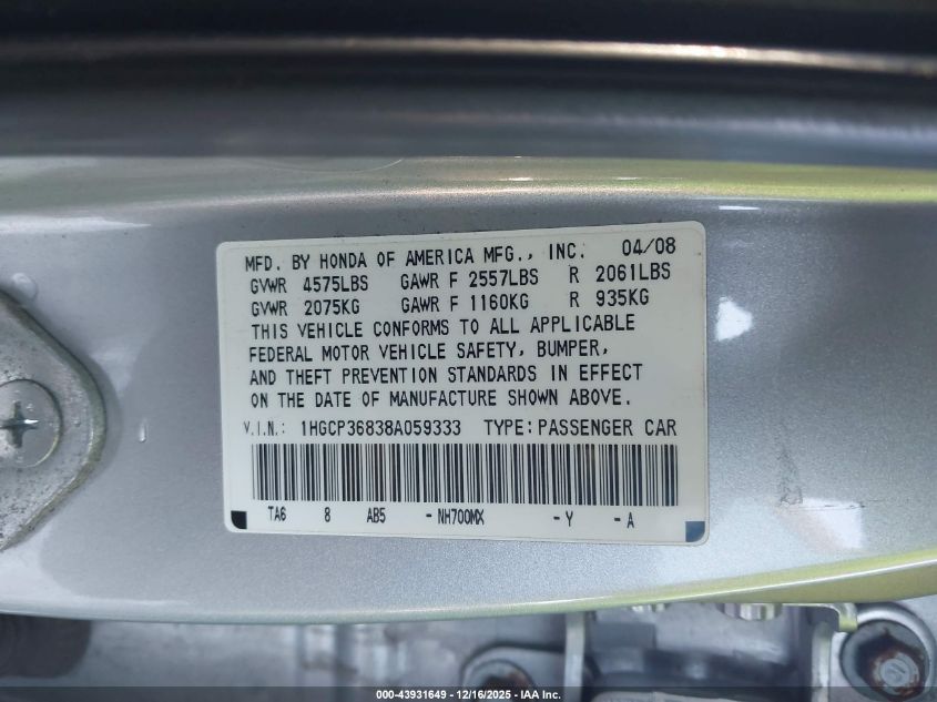 2008 Honda Accord 3.5 Ex-L VIN: 1HGCP36838A059333 Lot: 43931649