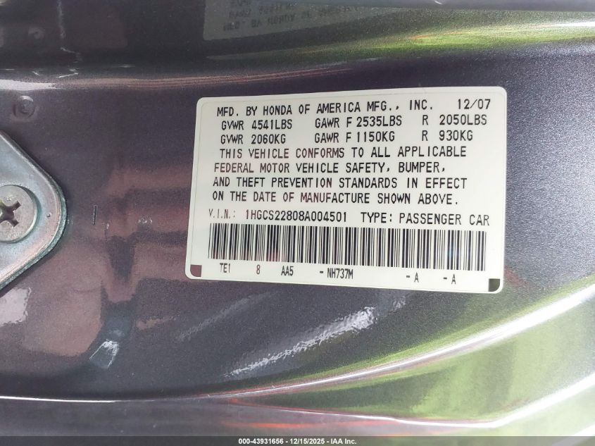 2008 Honda Accord 3.5 Ex-L VIN: 1HGCS22808A004501 Lot: 43931656