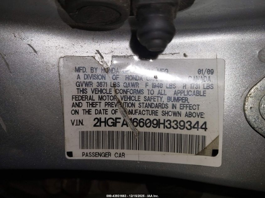 2009 Honda Civic Lx-S VIN: 2HGFA16609H339344 Lot: 43931663