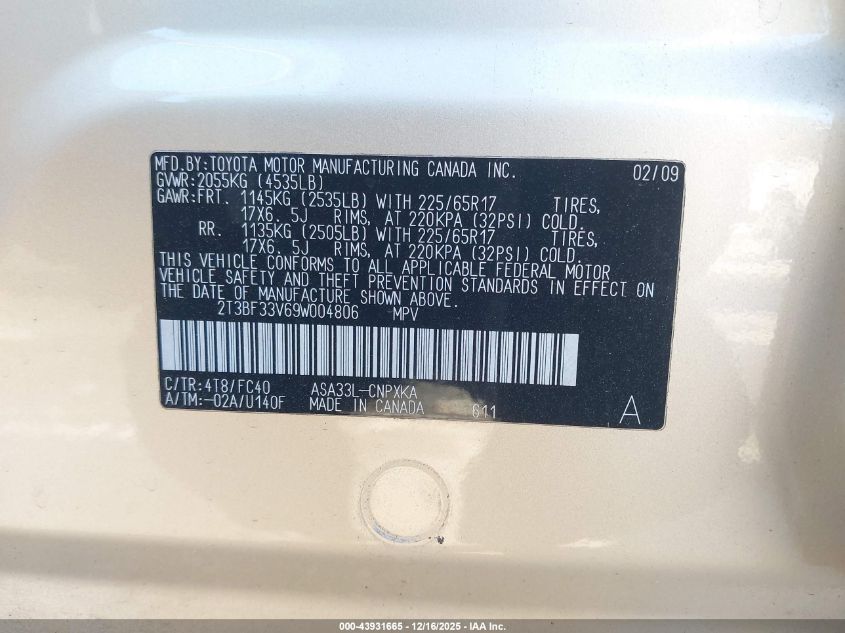 2009 Toyota Rav4 VIN: 2T3BF33V69W004806 Lot: 43931665