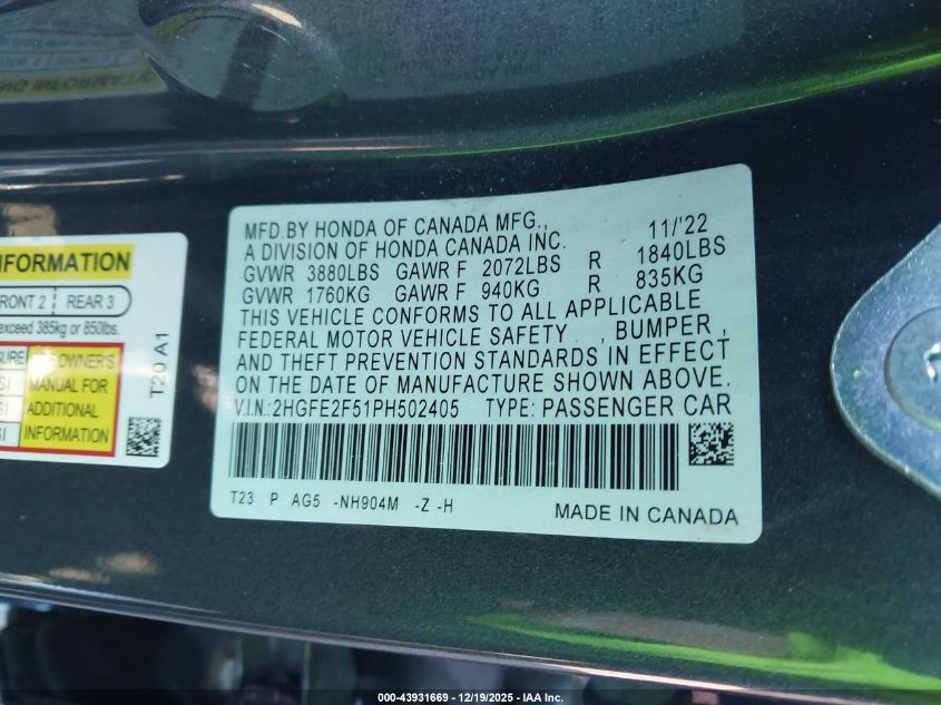 2023 Honda Civic Sport VIN: 2HGFE2F51PH502405 Lot: 43931669