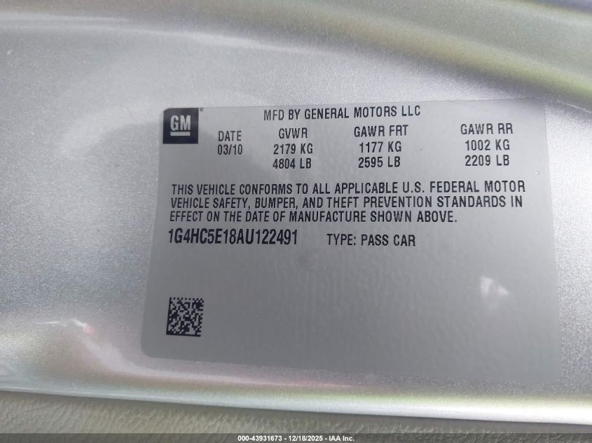 2010 Buick Lucerne Cxl VIN: 1G4HC5E18AU122491 Lot: 43931673