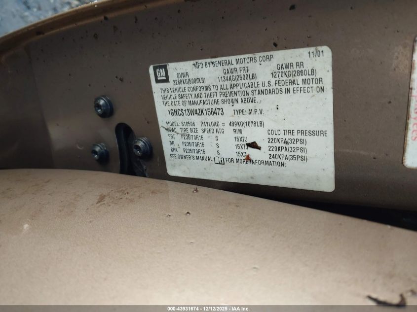 2002 Chevrolet Blazer Ls VIN: 1GNCS13W42K156473 Lot: 43931674