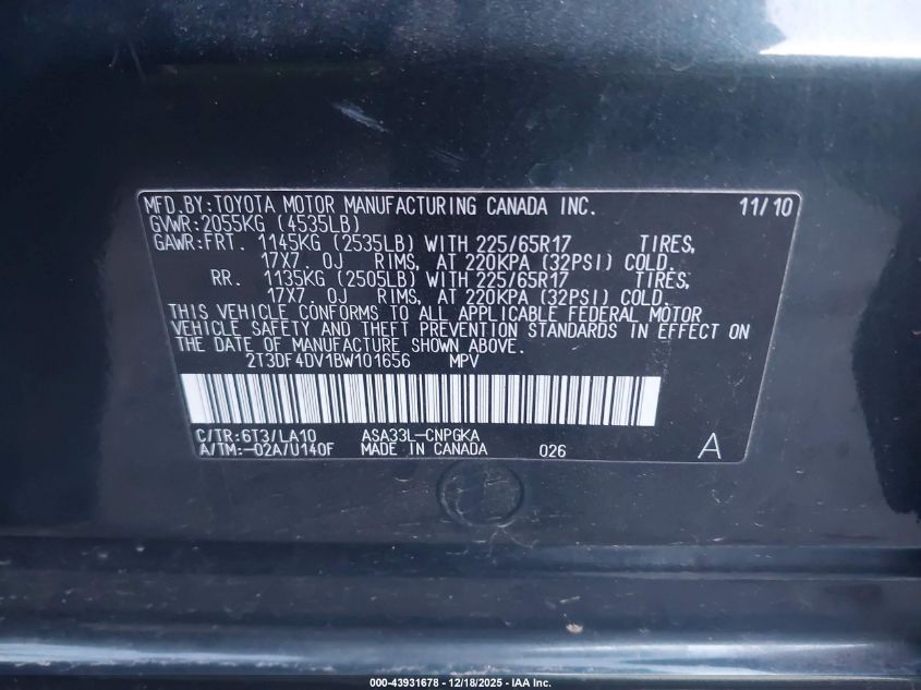 2011 Toyota Rav4 Limited VIN: 2T3DF4DV1BW101656 Lot: 43931678