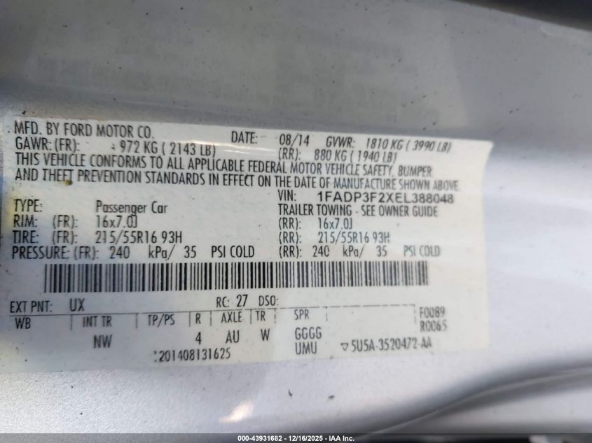 2014 Ford Focus Se VIN: 1FADP3F2XEL388048 Lot: 43931682