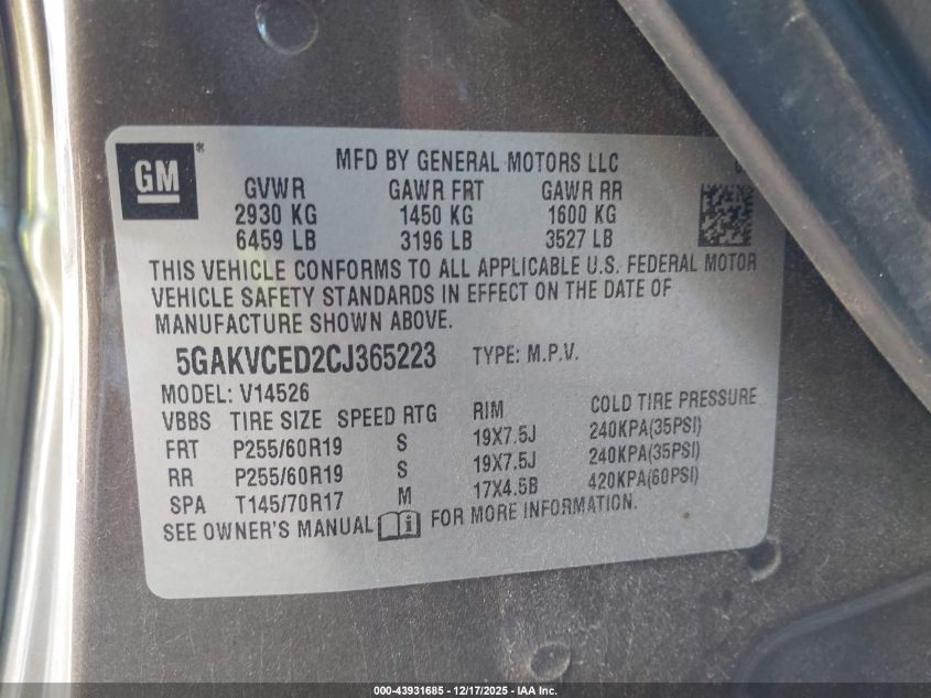 2012 Buick Enclave Leather VIN: 5GAKVCED2CJ365223 Lot: 43931685