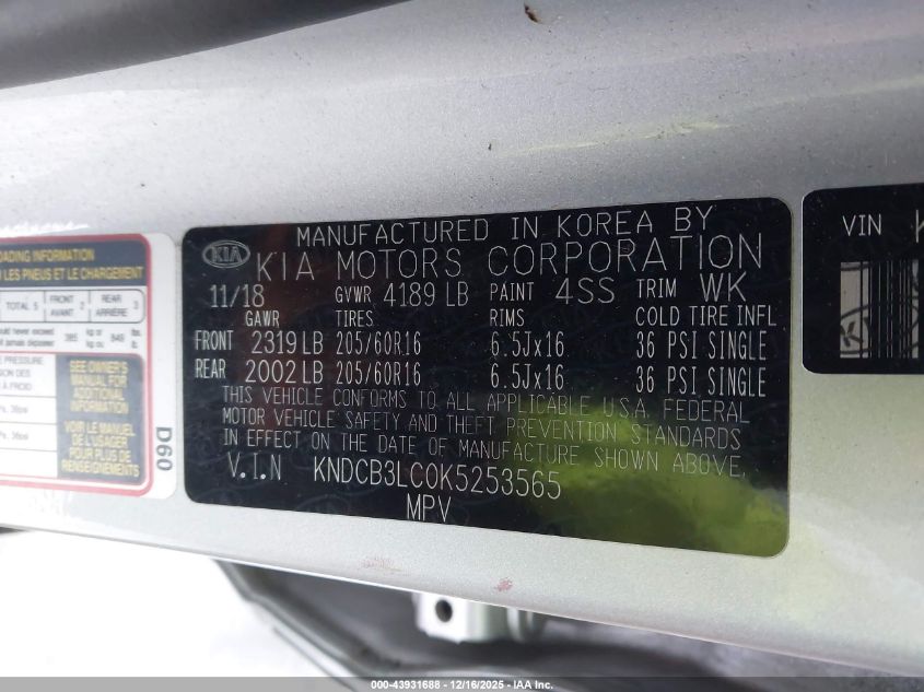 2019 Kia Niro Lx VIN: KNDCB3LC0K5253565 Lot: 43931688