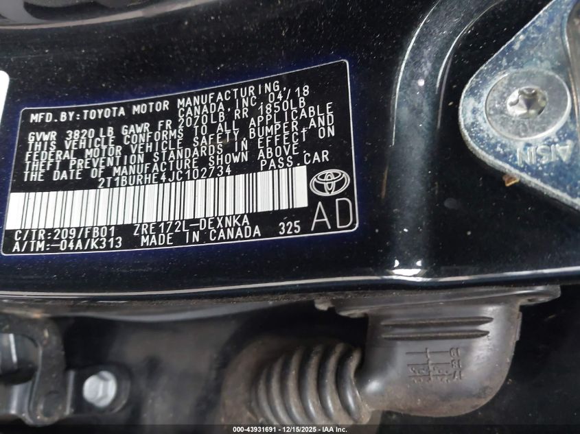 2018 Toyota Corolla Le VIN: 2T1BURHE4JC102734 Lot: 43931691