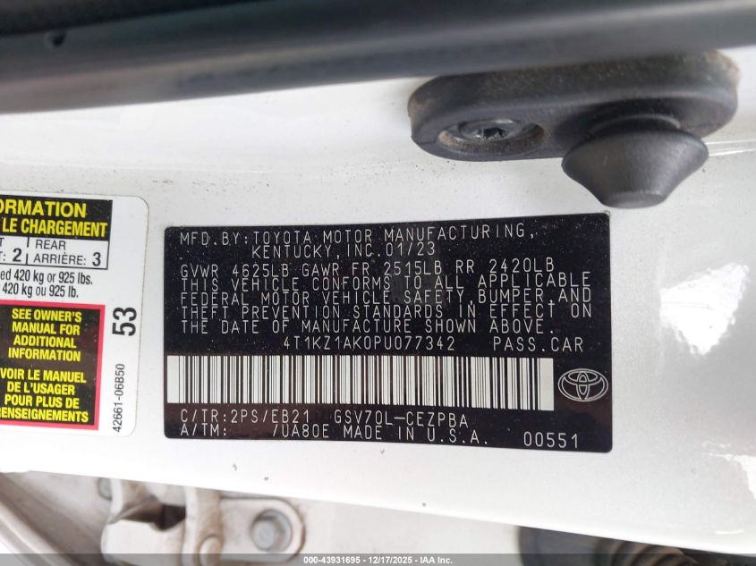 2023 Toyota Camry Trd VIN: 4T1KZ1AK0PU077342 Lot: 43931695