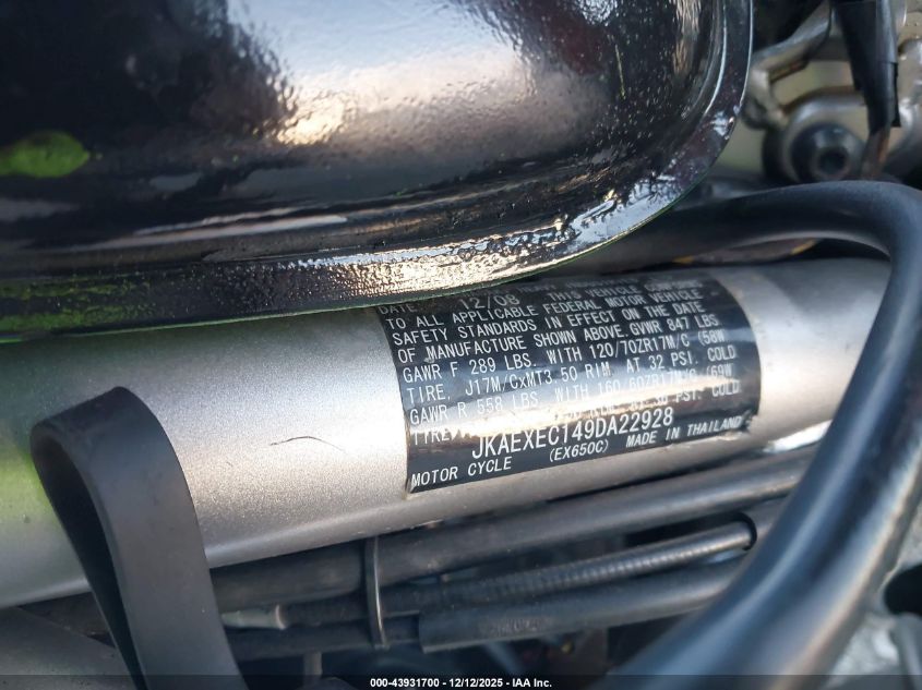 2009 Kawasaki Ex650 C VIN: JKAEXEC149DA22928 Lot: 43931700