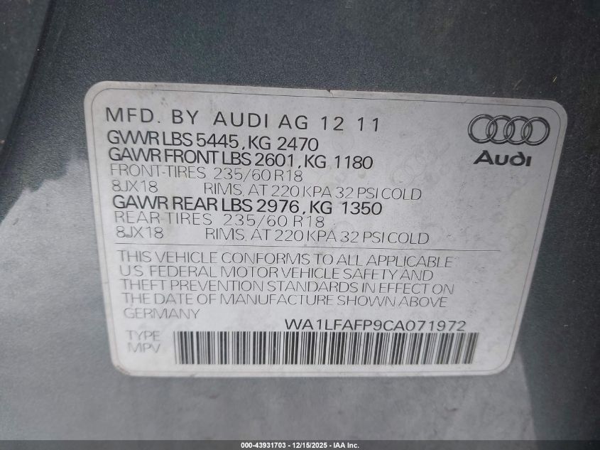 2012 Audi Q5 2.0T Premium VIN: WA1LFAFP9CA071972 Lot: 43931703
