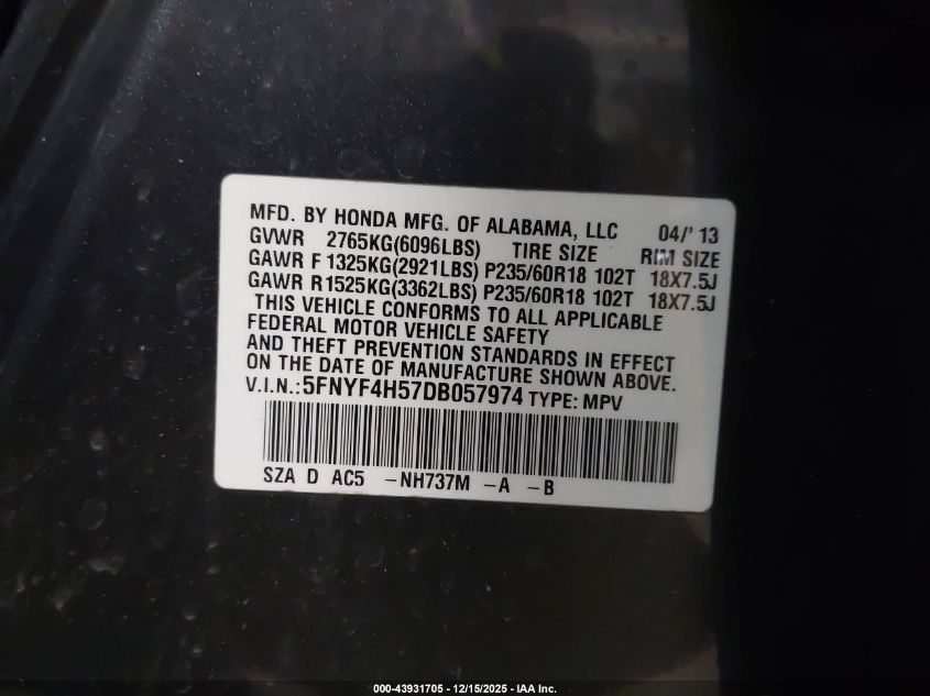 2013 Honda Pilot Ex-L VIN: 5FNYF4H57DB057974 Lot: 43931705
