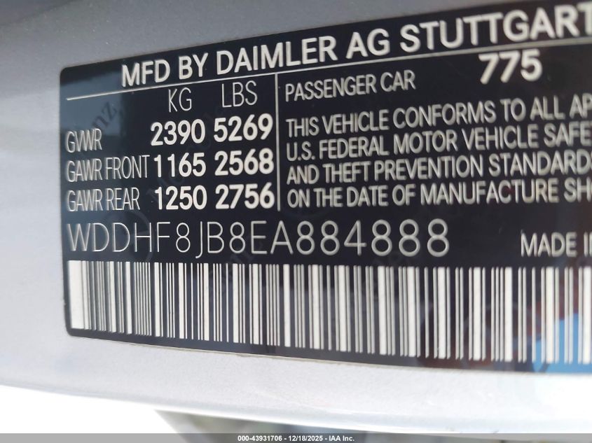 2014 Mercedes-Benz E 350 4Matic VIN: WDDHF8JB8EA884888 Lot: 43931706