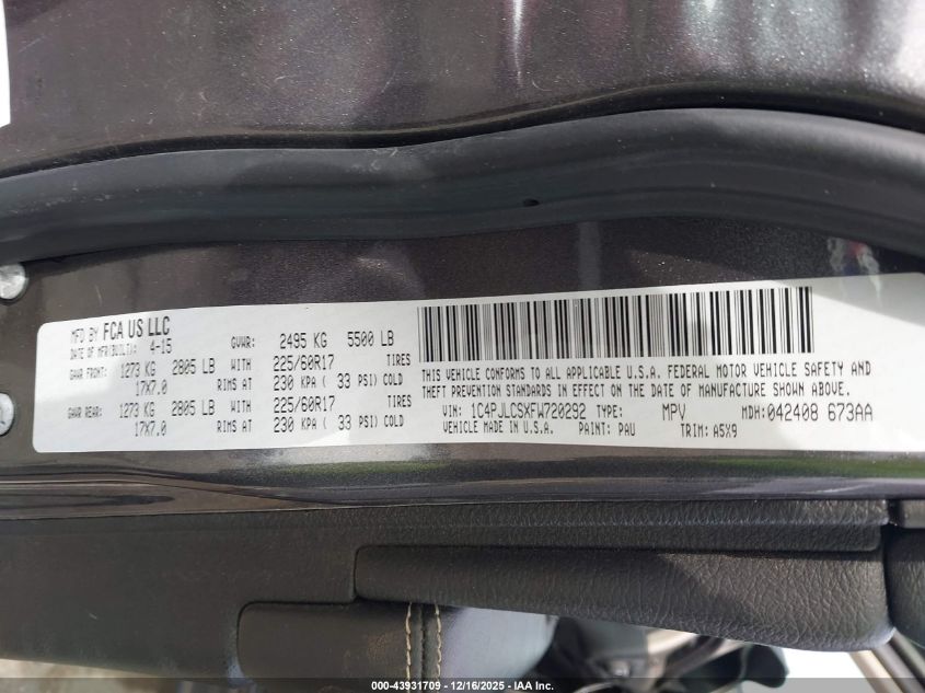 2015 Jeep Cherokee Latitude VIN: 1C4PJLCSXFW720292 Lot: 43931709