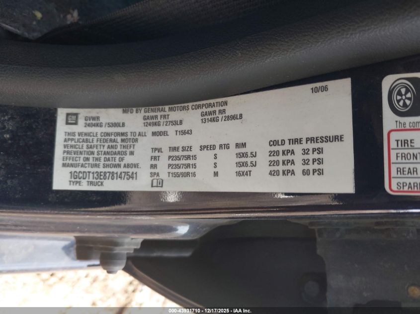 2007 Chevrolet Colorado Lt VIN: 1GCDT13E878147541 Lot: 43931710