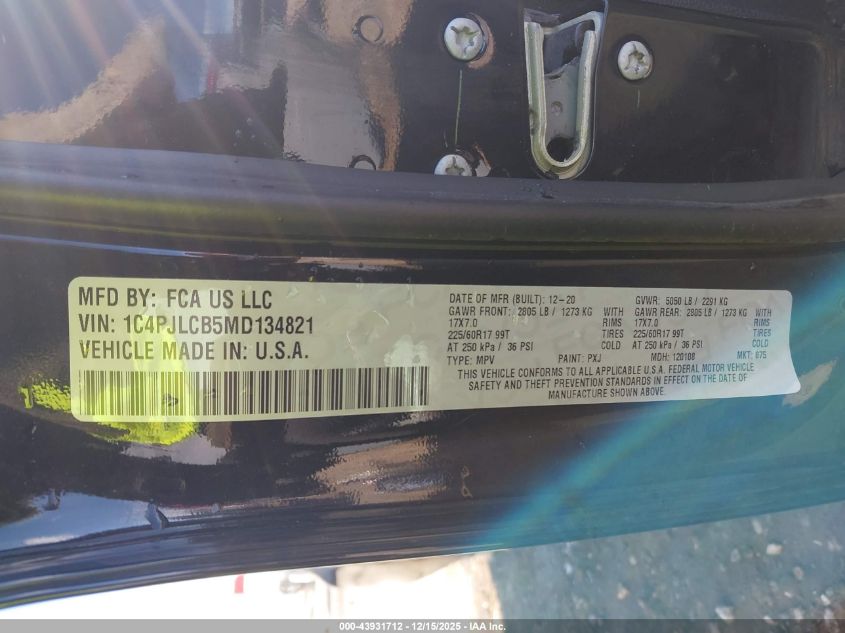 2021 Jeep Cherokee Latitude Fwd VIN: 1C4PJLCB5MD134821 Lot: 43931712