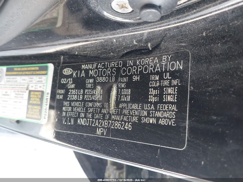 2011 Kia Soul Sport VIN: KNDJT2A2XB7286246 Lot: 43931713