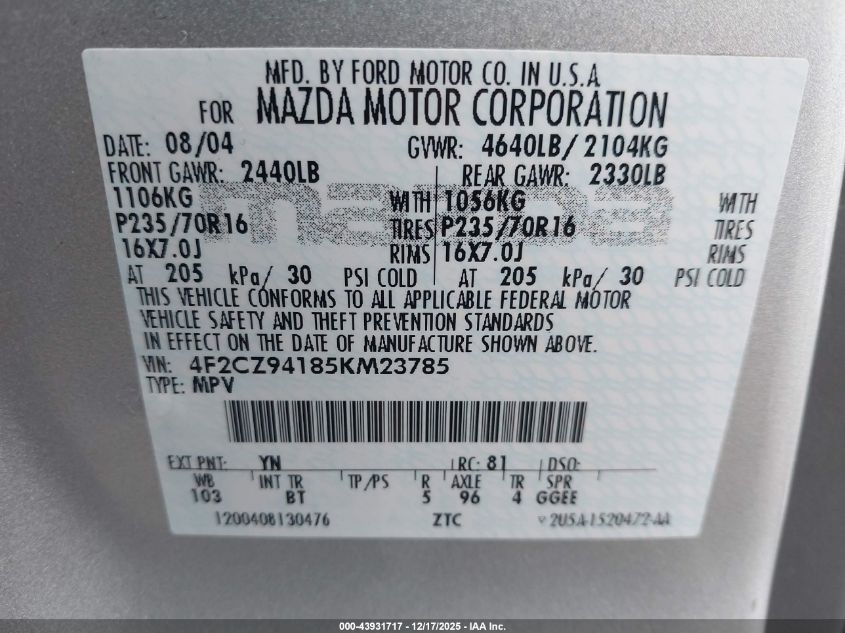 2005 Mazda Tribute S VIN: 4F2CZ94185KM23785 Lot: 43931717