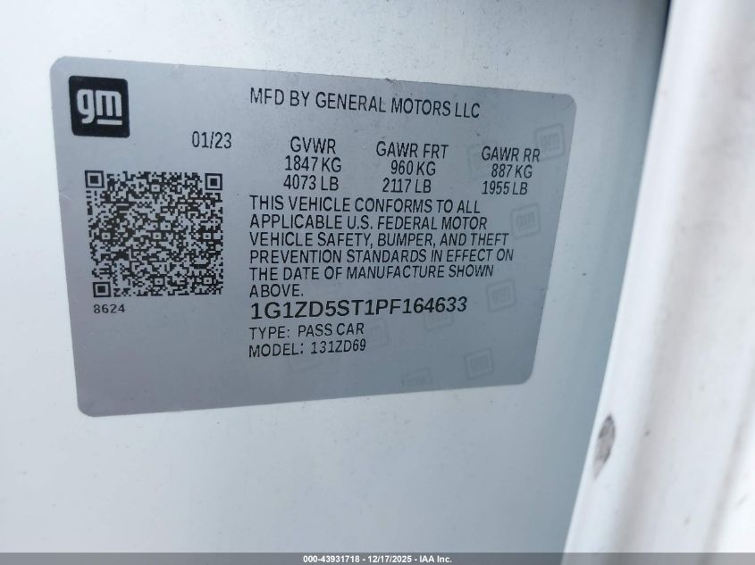 2023 Chevrolet Malibu Fwd 1Lt VIN: 1G1ZD5ST1PF164633 Lot: 43931718