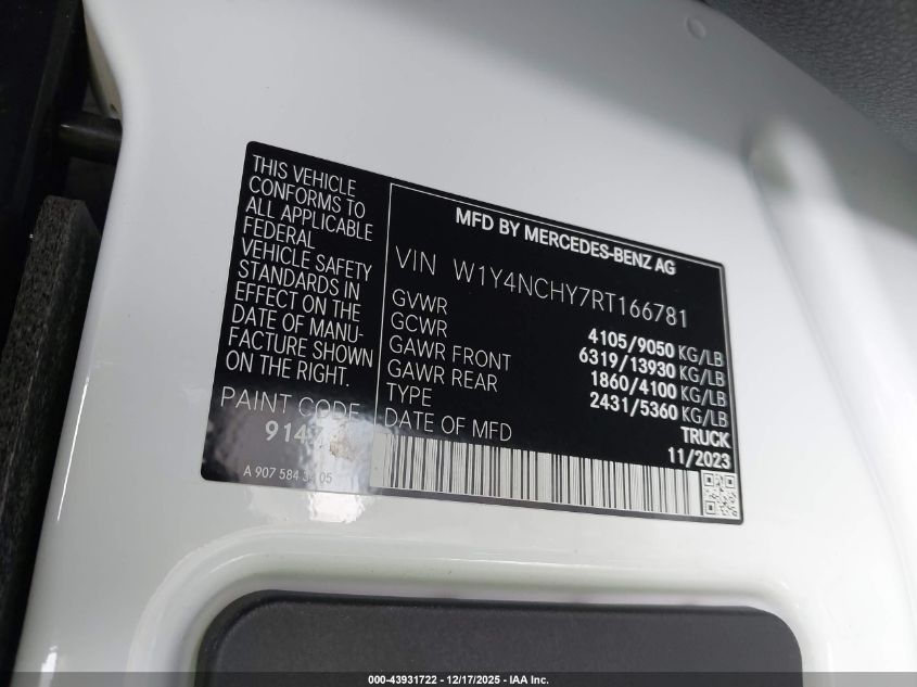 2024 Mercedes-Benz Sprinter 2500 High Roof 4-Cyl Diesel Ho VIN: W1Y4NCHY7RT166781 Lot: 43931722
