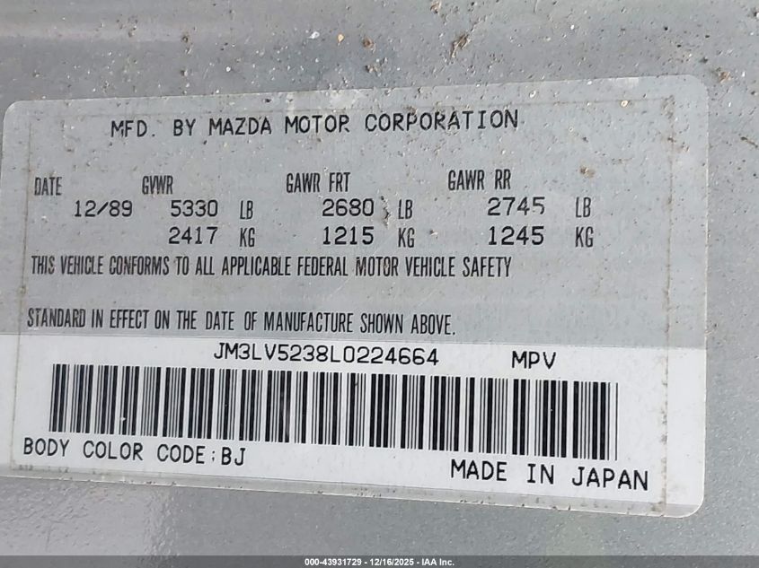 1990 Mazda Mpv Wagon VIN: JM3LV5238L0224664 Lot: 43931729