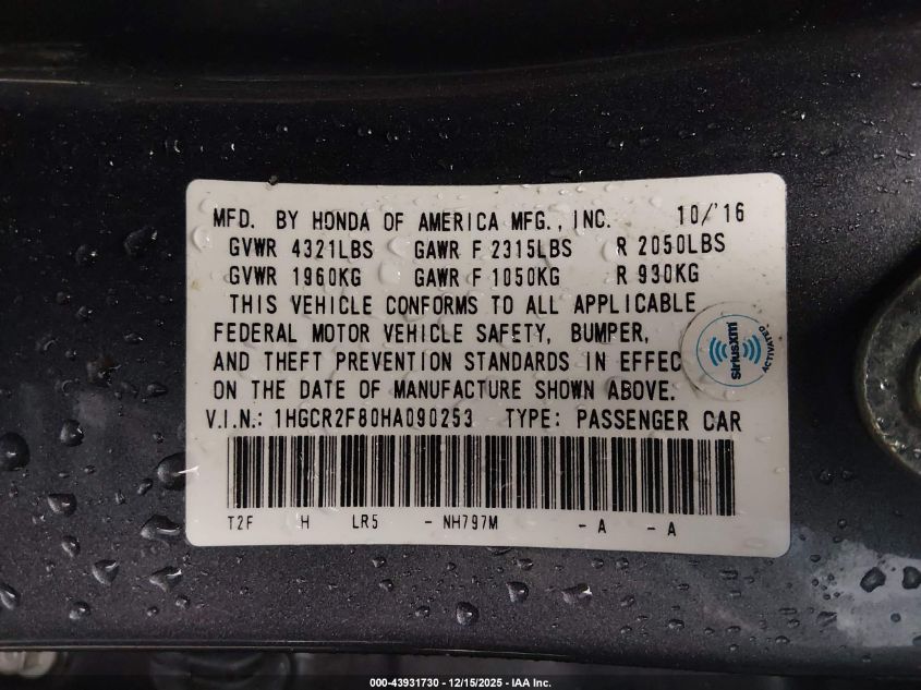 2017 Honda Accord Ex-L VIN: 1HGCR2F80HA090253 Lot: 43931730