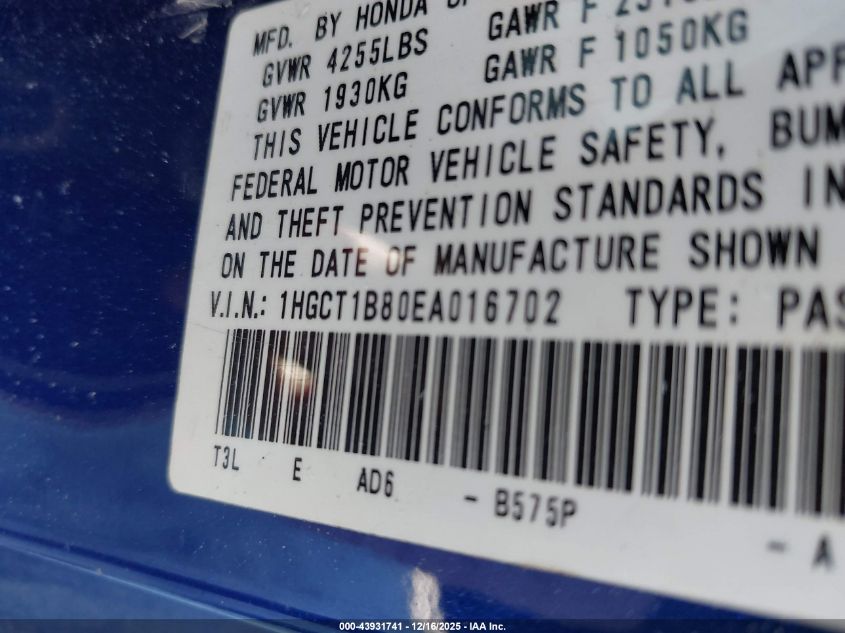 2014 Honda Accord Ex-L VIN: 1HGCT1B80EA016702 Lot: 43931741