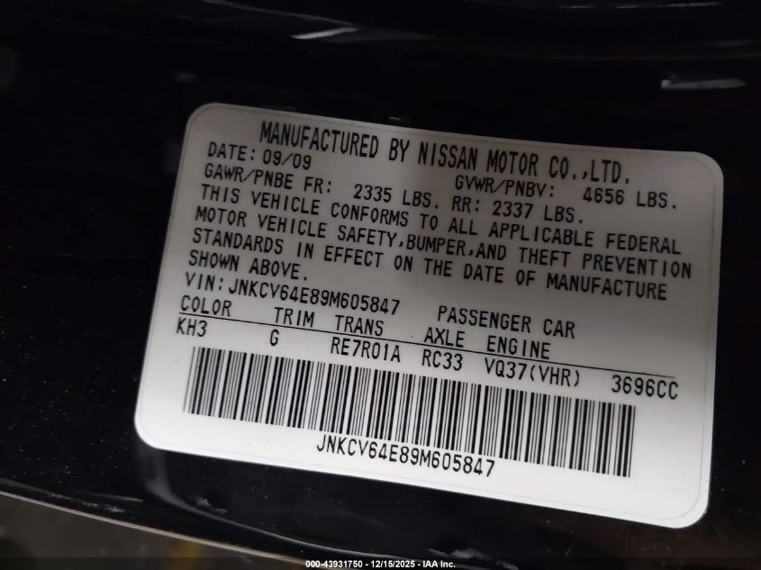 2009 Infiniti G37 Journey VIN: JNKCV64E89M605847 Lot: 43931750